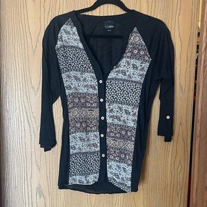 Daytrip Black Button-Front Blouse with Patterned Front Panels